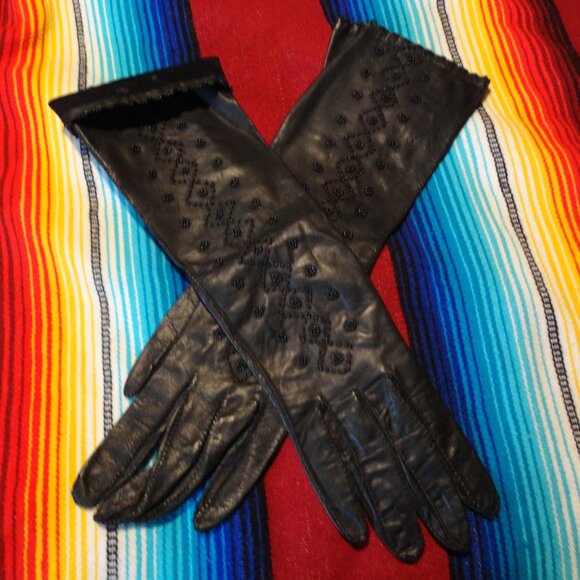 Leather Beaded 14" Evening Dress Gloves Vintage Diamond Pattern Elegant Demure ! - Picture 14 of 14
